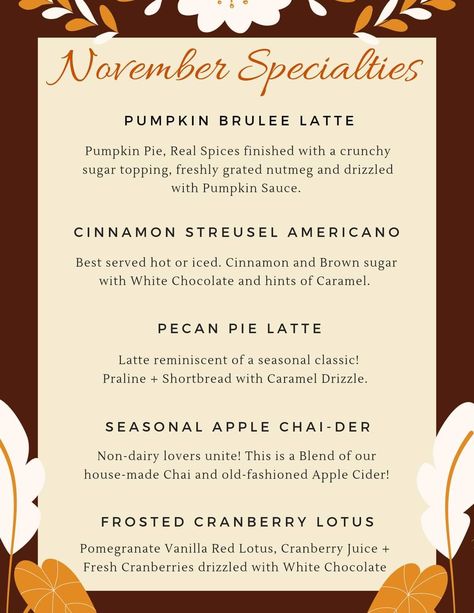 Coffee Shop Fall Drinks, November Lotus Drinks, November Coffee Specials, November Coffee Drinks, Vlogging Ideas, Lotus Drinks, Holiday Coffee Drinks, Deja Brew, Lotus Energy