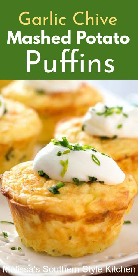 These Garlic Chive Mashed Potato Puffins will complement an array of main dishes perfectly #mashedpotatoes #potatoes #potatorecipes #puffins #muffins #potatopuffs #holidaysides #sidedishrecipes #southernfood #southernrecipes Mashed Potato Puffs, Muffins Blueberry, Best Potato Recipes, Potato Puffs, Potato Muffins, Garlic Chives, Potato Recipes Side Dishes, Holiday Side, Zucchini Muffins