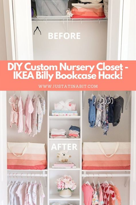 Custom Nursery Closet - IKEA Billy Bookcase Hack! | Just A Tina Bit Nursery Closet Diy, Small Nursery Hacks, Double Rod Closet, Billy Hack, Nursery Projects, Bookcase Hack, Billy Bookcase Hack, Gender Neutral Baby Nursery, Nursery Closet Organization