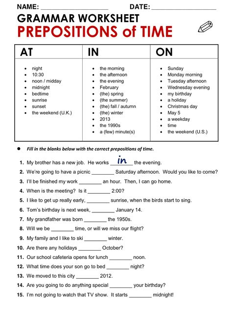 Fun English Grammar Worksheet Prepositions of Time | Educative Printable Class 9 English Grammar, Verb Preposition Worksheet, Preposition Activities Worksheets, In On At Prepositions Worksheet, Grade 3 Grammar Worksheets, At On In Worksheet, Grammar Exercises Worksheets, Worksheet Of Preposition, In On At Prepositions Of Time