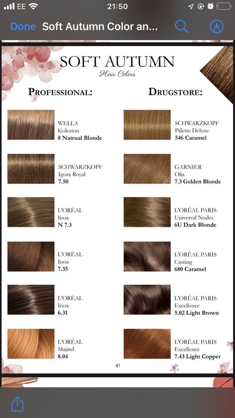 Hair Color For Muted Autumn, Autumn Skin Hair Color, Soft Autumn Gold Or Silver, Soft Autum Hair Colors, Soft Autumn Dark Hair, Hoc Autumn Hair, Soft Autumn Hair Color Palette, Hair Color For Soft Autumn Skin Tone, Autumn Season Hair Color