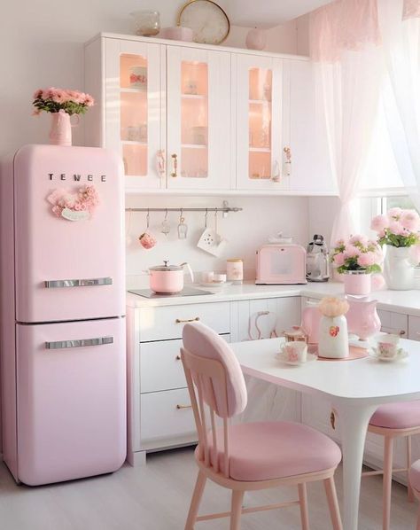 Retro Pink Kitchens, Pink Living Room Decor, Cocina Shabby Chic, Pastel Kitchen, Living Room Decor Neutral, Deco Rose, Dream Kitchens Design, Pink Living Room, Pink Home Decor