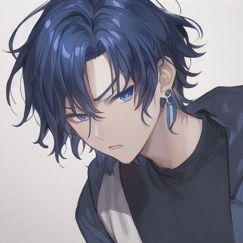 Anime Guy With Earrings, Blue Eyed Anime Characters, Blue Hair Red Eyes Anime Guy, Blue Eyes Art Anime, Blue Hair Blue Eyes Anime Guy, Purple Eyed Anime Guy, Blue Haired Male Character, Blue Hair Guy Anime, Cute Anime Guys With Blue Hair