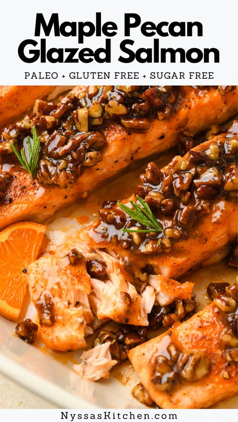 You are going to love this delightful maple pecan glazed salmon! Oven baked and well seasoned, this elegant salmon dish is impressive but easy to make. Made with healthy whole food ingredients that come together to create the most delicious meal with the best homemade maple glaze. Perfect for the holidays or for date night in! Gluten free, refined sugar free, dairy free option, and paleo.