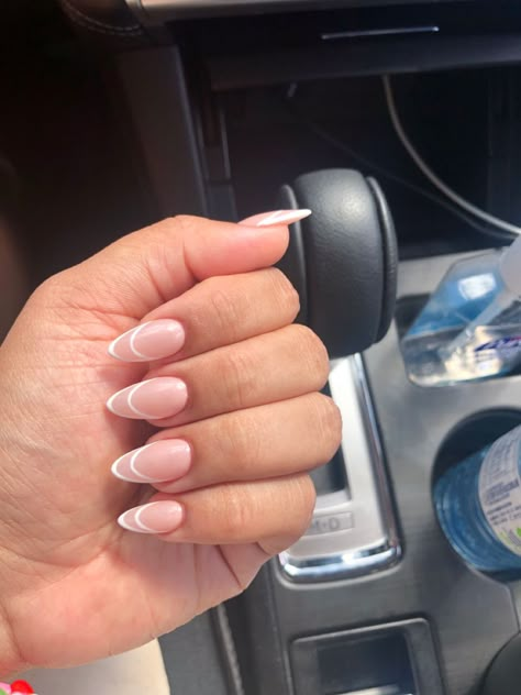 Almond Shape Double French Tip, Unfilled French Tip Nails, Negative Space French Tip Nails, Negative French Nails, Outline French Tip Nails Almond, Allyiahsface Nails, Open French Tip Nails, Fine Line French Tip Nails, Naked French Tip Nails