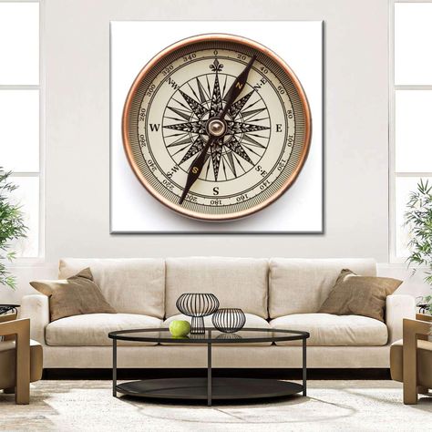 Vintage Compass Tool Multi Panel Canvas Wall Art | ElephantStock Compass Artwork, Compass Decor, Modern Nautical Decor, Nautical Decor Living Room, Compass Tool, Coastal Cottage Living Room, Compass Wall Art, Alaska House, Calligraphy Paintings