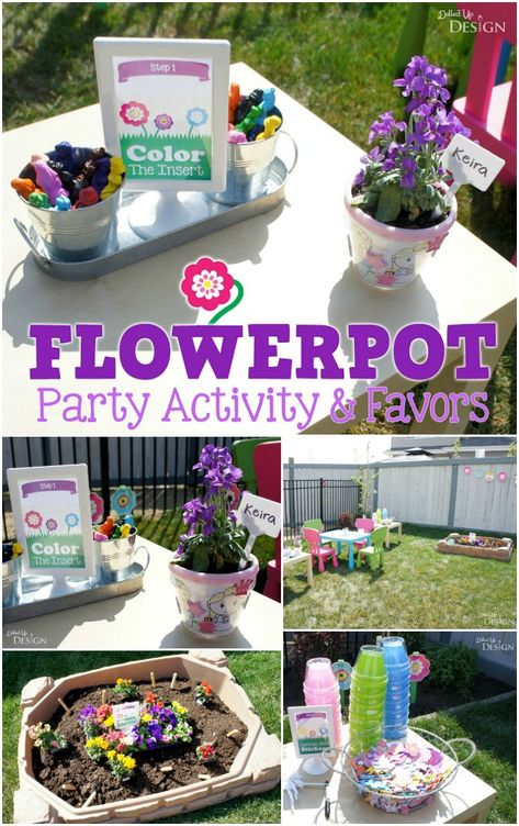 Flowerpot party activity for kids that doubles as a party favor! Perfect for a garden birthday party! Garden Party Favors For Kids, Flower Themed Birthday Party Activities, Garden Flower Birthday Party, Garden Party Crafts, Kids Garden Party, Kids Gardening Party, Garden Party Favors, Butterfly Garden Party, Gardening Party