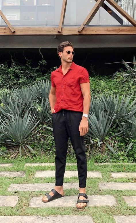 Men black sandals Mens Linen Pants Outfit, Casual Summer Outfits For Men, Summer Work Attire, Men's Summer Outfits, Summer Outfits For Men, Trousers Outfit Men, Surf Style Men, Old Money Summer, Evening Photo