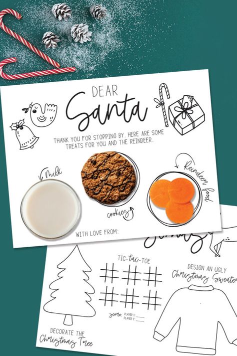 Two free printable options- Santa placemat + a kids activities placemat that is perfect for Christmas dinner! Toddler Christmas Diy, Christmas Sweet Table, Free Printable Christmas Cards, Activity Placemat, Diy Placemats, Xmas Table, Christmas Dinner Table, Printable Kids, Free Christmas Printables