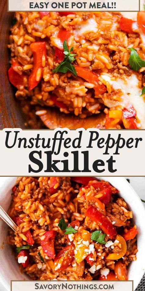 Simple Dinner Recipes Hamburger Meat, Skillet Rice Meals, Meal Prep Skillet Meals, Easy Dinner With Peppers, Pepper And Rice Recipe, Unstuffed Pepper Meal Prep, Unstuffed Sausage And Peppers, Healthy Meals To Make With Ground Beef, Ground Chicken Peppers Onions