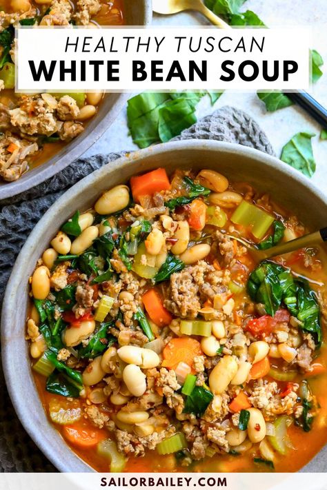 Soup Recipe With Ground Turkey, Soup With Ground Turkey, Tuscan White Bean Soup, Turkey Sausage Recipes, Soup Fall, Ground Turkey Soup, Tuscan White Bean, Tuscan Bean Soup, Sausage Soup Recipes