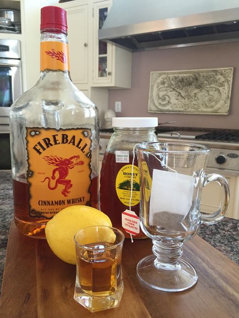 Fireball Hot Toddy Hot Fireball Drinks, Fireball Hot Toddy Recipe, Fireball Hot Toddy, Fireball Whiskey Drinks, Boozy Food, Tea For Cough, Common Crow, Fireball Recipes, Fireball Drinks