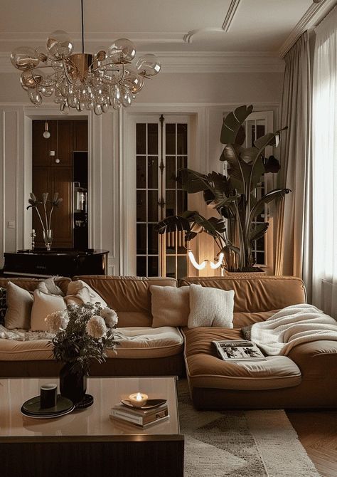 Elegant And Cozy Living Room, Sophisticated Cozy Living Room, Country Aesthetic Living Room, Vintage Glamour Living Room, Warming Up A Grey Living Room, Elegant Eclectic Living Room, Cream Cozy Living Room, Brown Couch Fall Decor, Chic Cozy Living Room