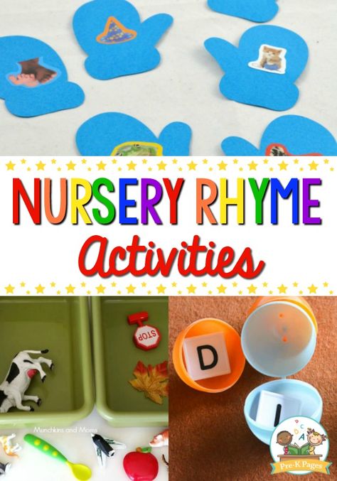 A collection of activities for a preschool, pre-k, or kindergarten classroom for a nursery rhymes theme. Pre-K literacy and rhyming activities. Nursery Rhymes Preschool Theme, Nursery Rhyme Activities, Nursery Rhymes Preschool Crafts, Nursery Ryhmes, Rhyme Activities, Nursery Rhyme Art, Rhyming Preschool, Nursery Rhyme Crafts, Nursery Rhymes Preschool