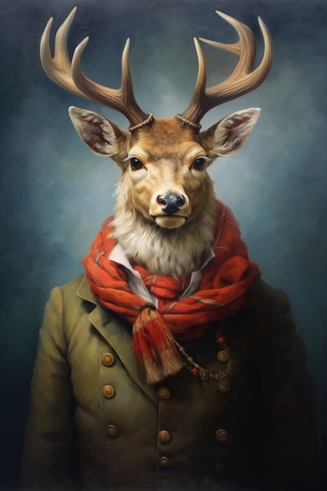 A digital download capturing the essence of a stag deer dressed in the grandeur of Renaissance fashion, set against a Victorian gothic backdrop. This unique piece melds the majestic presence of the stag with the lavish detail of historical art styles, making it a compelling choice for sophisticated decor. Deer Digital Art, Animals In Clothes Art, Reindeer Portraits, Animal Fashion Illustration, Deer Portrait, Whimsical Art Paintings, Hallway Art, Stag Deer, Animal Portraits Art