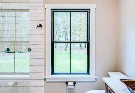 Modern Black Windows, White Kitchen Windows, Black Vinyl Windows, Black Windows Exterior, Windows Interior, Window Structure, Farmhouse Trim, Anderson Windows, Black Window Frames