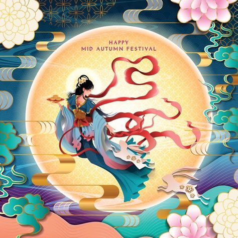 Chinese Mid Autumn Festival Illustration, Moon Festival Illustration, Moon Festival Design, Chinese Moodboard, Mid Autumn Festival Illustration, Chinese Moon Festival, Mid Autumn Festival Poster, Lunar Festival, Chinese Deco