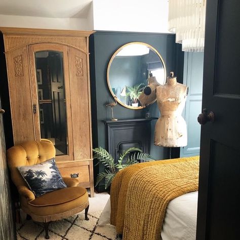 Layered with sumptuous fabrics and textures, this enticing bedroom painted in our off-black colour 'Obsidian Green' provides a cosy… Ochre Bedroom, Mustard Bedroom, Yellow Gray Bedroom, Blue Gray Bedroom, Yellow Room, Yellow Home Decor, Yellow Decor, Yellow Bedroom, Bedroom Green