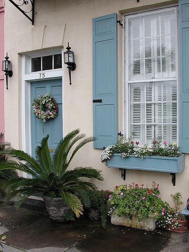 Charleston Homes Exterior, Exterior Front Door Colors, Rustic Home Exterior, Blue Shutters, Charleston Homes, Slice Of Heaven, Exterior Paint Colors For House, Yellow Houses, Street House