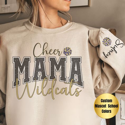 Elevate team spirit with our Custom Cheer Mom Sweatshirt - a cozy blend of comfort and personalization. Ideal for any occasion, this unisex heavy blend crewneck sweatshirt offers pure comfort with a touch of style. Crafted from a medium-heavy fabric blend of 50% cotton and 50% polyester (8.0 oz/yd this sweatshirt provides a warm and cozy feel, making it the perfect choice for those colder months. The classic fit, paired with the crew neckline, ensures a comfortable and clean-cut style - a versat Cheer Mom Sweatshirt, Cheer Mom Sweatshirt Ideas, Cheer Mom Outfit, Pom Mom Shirts, Cheer Mom Shirt Ideas, Cheer Designs, Team Mom Shirt, Cheer Clothes, Cheer Coach Shirts