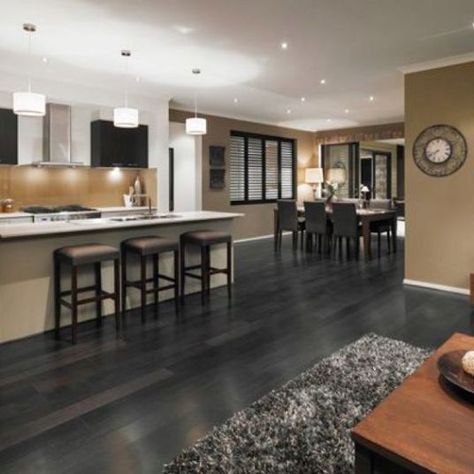 I like the gray, black, white and tan scheme going on here. Grey Kitchen Colors, Grey Hardwood Floors, Grey Hardwood, Kitchen Window Sill, Living Room Wood Floor, Open Kitchen And Living Room, Grey Wood Floors, Light Wood Floors, Dark Wood Floors