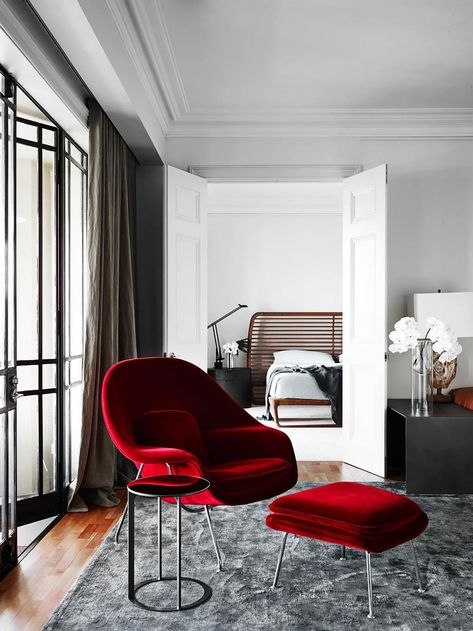 Red Interior Design, Australian Interior Design, Living Room Corner, Room Corner, Eclectic Bedroom, Red Chair, Red Decor, Luxury Homes Interior, Red Interior