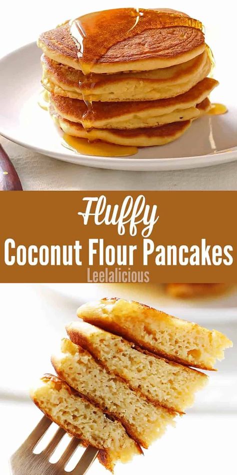 Fluffy Coconut Flour Pancakes » LeelaLicious Fluffy Coconut Flour Pancakes, Coconut Flour Pancakes Recipe, Dairy Free Pancakes, Cream Cheese Pancakes, Dairy Free Low Carb, Coconut Flour Pancakes, Flour Pancakes, Desserts Healthy, Keto Pancakes