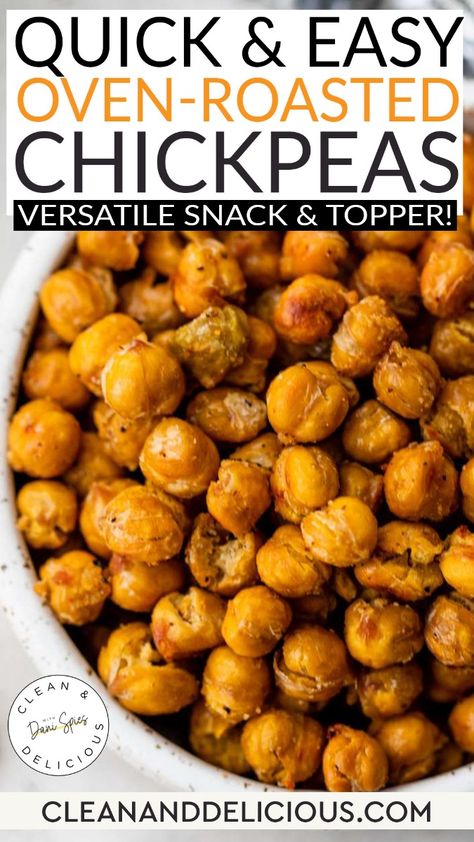 Easy Oven-Roasted Chickpeas are a healthy plant-based snack that is quick, easy to make, and super fun to eat! Made with canned chickpeas, the flavor variations are endless—you can make them savory, sweet, or spicy. I love them as a snack or a salad topper, and they’re also delicious sprinkled over soups, dips, and spreads. Make these Easy Oven Roasted Chickpeas! | @danispies Chickpea Roasted Recipes, Roasted Canned Chickpeas, Cooked Chickpea Recipes, Garbanzo Bean Roasted, Healthy Recipes With Chickpeas, What To Do With A Can Of Chickpeas, Oven Chickpea Recipes, Roasted Garbanzo Beans Oven, Toasted Chickpeas Recipes