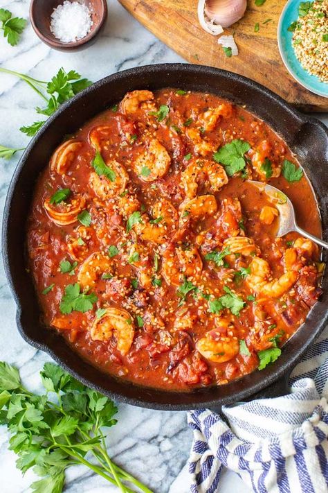 Chili Tomato Mediterranean Shrimp Stew - A Saucy Kitchen Shrimp Stew Recipes, Mediterranean Shrimp, Creamy Mashed Cauliflower, Shrimp Stew, Stewed Tomatoes, Spinach And Feta, Toasted Sesame Seeds, Mashed Cauliflower, How To Cook Shrimp