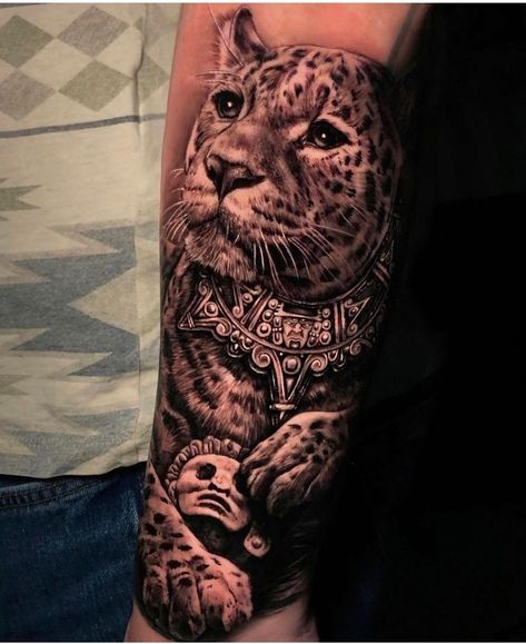 Aztec Pyramids Tattoo, Mexican Tiger Tattoo, Aztec Jaguar Art, Aztec Jaguar Warrior Tattoo, Aztec Animal Tattoo, Mexican Jaguar Tattoo, Raza Tattoos, Mayan Jaguar Tattoo, Aztec Sleeve Tattoos