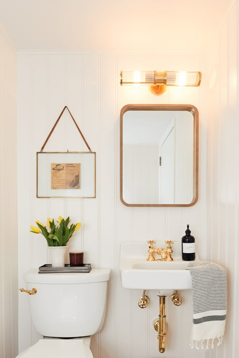 Cute Powder Bathroom Ideas, Minimalistic Powder Room, Super Small Powder Room Ideas, Tiny Powder Room Sink, Tiny Powder Bath, California Powder Room, 1930s Powder Room, Powder Room Shelving, Extra Small Powder Room