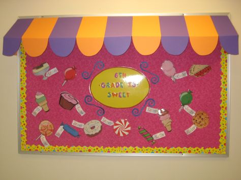 Sweet shop welcome board~I covered cardboard boxes with poster board to make the canopy. Candyland Bulletin Board Ideas Schools, Candyland Bulletin Board Ideas, Candy Bulletin Board Ideas Sweets, Candyland Welcome Board, Welcome Back Boards, Birthdays Are Sweet Bulletin Board, August Bulletin Boards, Candy Theme Classroom, Classroom Decor Middle