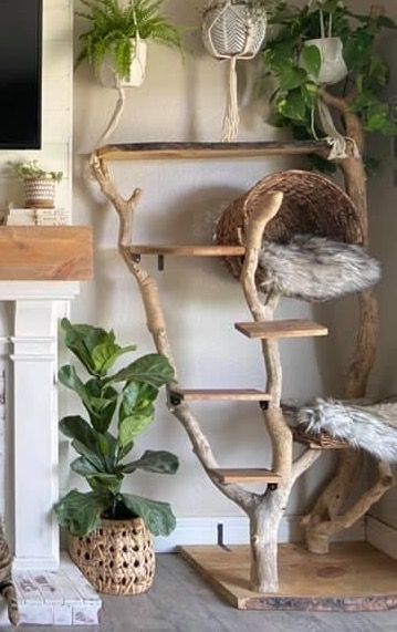 Wire Hanger Cat Bed, Classy Cat Furniture, Diy Cat Tree Driftwood, Corner Cat Tower, Drift Wood Cat Tree, Industrial Cat Tree, Cat Tree In Living Room, Handmade Cat Tree, Aesthetic Cat Tower