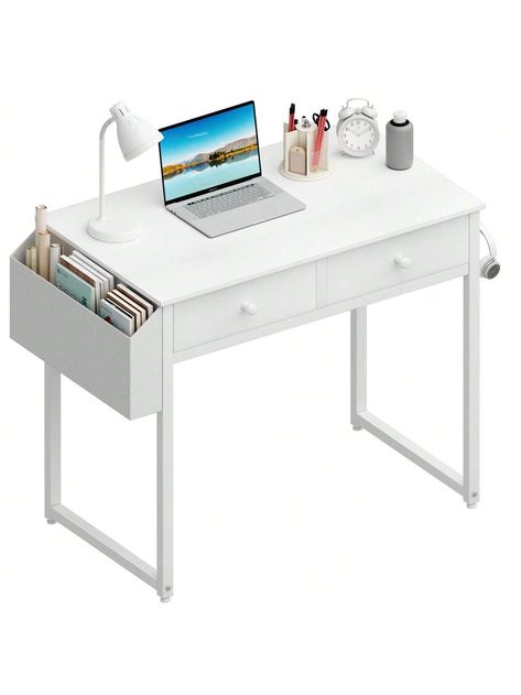 Lufeiya Small Computer Desk with 2 Drawers for Bedroom, 31 Inch Home Office Desk with Storage Fabric Drawer and Bag, Study Writing Table for Small SpacesI discovered amazing products on SHEIN.com, come check them out! White Desk With Drawers, Small White Desk, Small Study Table, Office Desk With Storage, Kids Table Set, White Computer Desk, Small Computer Desk, Organize Ideas, Drawers For Bedroom