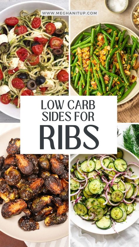 Looking for the perfect party side to complement your deliciously smoked ribs? Look no further than these low carb sides! From zesty coleslaw to savory cauliflower rice, these dishes will have your guests coming back for seconds and thirds. With fresh ingredients and bold flavors, these sides are the best way to round out your BBQ spread and keep your guests satisfied all night long. Rib Sides Healthy, Carb Sides For Dinner, Sides To Go With Ribs Dishes, Sides With Ribs Dinner, Meat And Veggie Dinners Low Carb, Sides To Go With Bbq Ribs, Beef Ribs Side Dishes, Veggies To Go With Ribs, Salad To Go With Bbq Ribs