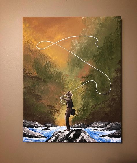 Fisherman Painting Acrylics, Diver Paintings, Fishing Canvas Painting, Fly Fishing Painting, Fisherman Painting, Fishing Painting, Watercolor Scenes, Fish Paintings, Painting Fish