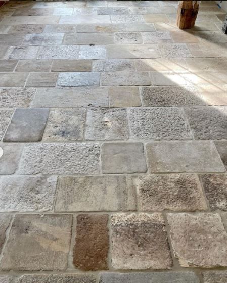 Cobblestone Entryway, Stone Kitchen Floor, Antique Stone Flooring, French Limestone Floor, French Tile, Cottage Flooring, Oak Beams, Stone Tile Flooring, Rustic Tile