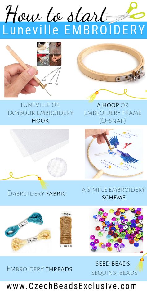 What is and How to Start Luneville or Tambour Embroidery - Tools & Tips |SAVE it!| www.CzechBeadsExclusive.com #czechbeadsexcluisve #czechbeads Tambour Beading, Tambour Embroidery, Chain Stitch Embroidery, Embroidery Tools, Types Of Embroidery, Embroidery Supplies, Simple Embroidery, Silk Ribbon Embroidery, Embroidery Hoop Art