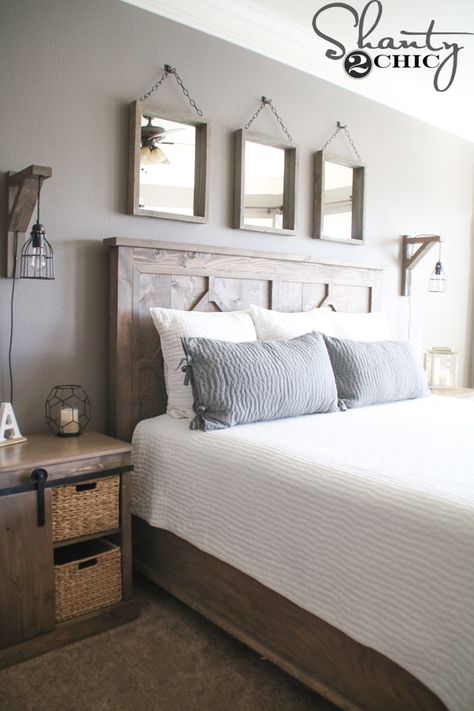 I build this 4-piece DIY Rustic Modern King Bed for under $300 in lumber! Get the free plans to build your own at www.shanty-2-chic.com Modern King Bed, Rustic Bedroom Sets, Free Furniture Plans, Rustic Bedroom Furniture, Diy Barn, Modern Farmhouse Bedroom, Rustic Bedroom Decor, Casa Country, Dekorasi Kamar Tidur