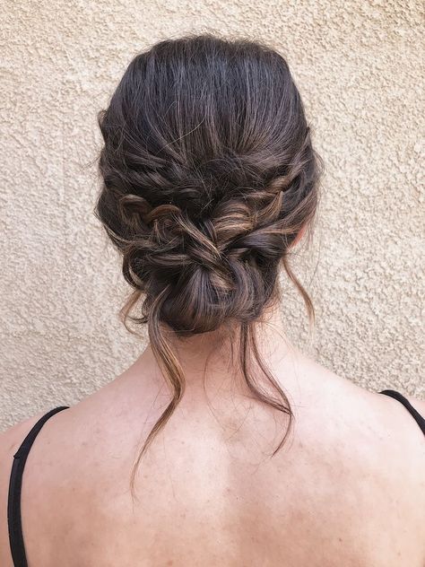 Low Prom Updos, Messy Low Bun With Braid, Soft Low Updo, Prom Braid Updo, Low Messy Updo With Braid, Braided Low Updo Wedding, Updo With Small Braids, Prom Hair Updo With Braid, Prom Hairstyles Up Bun