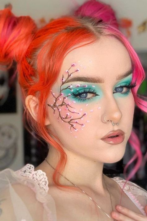 Floral Makeup Looks, Flower Makeup Looks, Cherry Blossom Makeup, Concert Costumes, White Eyeliner Looks, Eye Bags Makeup, Canvas Walls, Eyeshadow Designs, Pink Eyeshadow Look