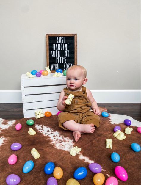 11 month old Easter Baby Photo. Just hangin with my peeps. 7 Month Old Easter Pictures, Easter Monthly Baby Picture, 11 Month Baby Photo Ideas, Baby Easter Pictures, Milestone Ideas, Easter Baby Photos, Easter Pics, Monthly Baby Pictures, Milestone Photos