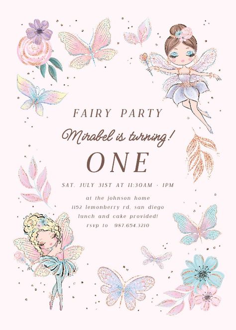 Fairy Theme Birthday Invitation Card, Free Fairy Invitation Template, Fairy 1st Birthday Party, Fairy Party Invitations, Fairy 1st Birthday, Fairy Invitations, Birthday Party Invitations Free, 1st Birthday Invitation Template, Birthday Invitation Card Template