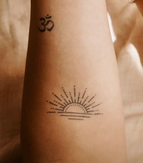 Boho Sunrise Tattoo, Live By The Sun Tattoo, I Deeply Belong To Myself Tattoo, Waves And Sun Tattoo, Front Elbow Tattoo, Restart Tattoo, Half Sun Tattoo Simple, Simple Sunset Tattoo, Realistic Sun Tattoo