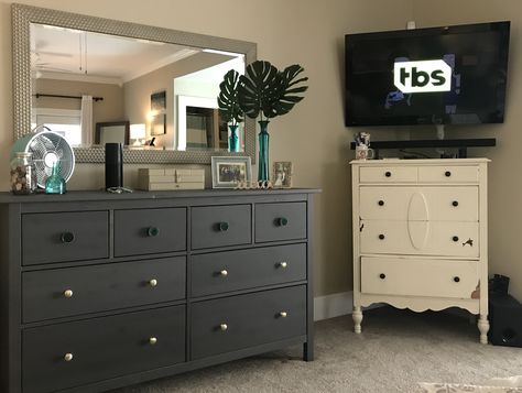 IKEA Hemnes dresser in grey stained wood. Knobs from World Market & Amazon Grey Hemnes Dresser, Hemnes Dresser, Ikea Hemnes Dresser, Grey Stained Wood, Grey Dresser, Ikea Hemnes, Grey Stain, Staining Wood, Dresser