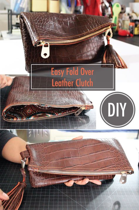 DIY Leather Fold Over Clutch. A video tutorial with step by step directions can be found on YouTube. Written instructions can be found on Instructables. http://www.instructables.com/you?show=PUBLISHED Leather Clutch Pattern, Diy Leather Clutch, Leather Templates, Diy Clutch Purse, Clutch Bag Tutorial, Purses Diy, Diy Clutch Bag, Leather Tutorial, Handbag Making