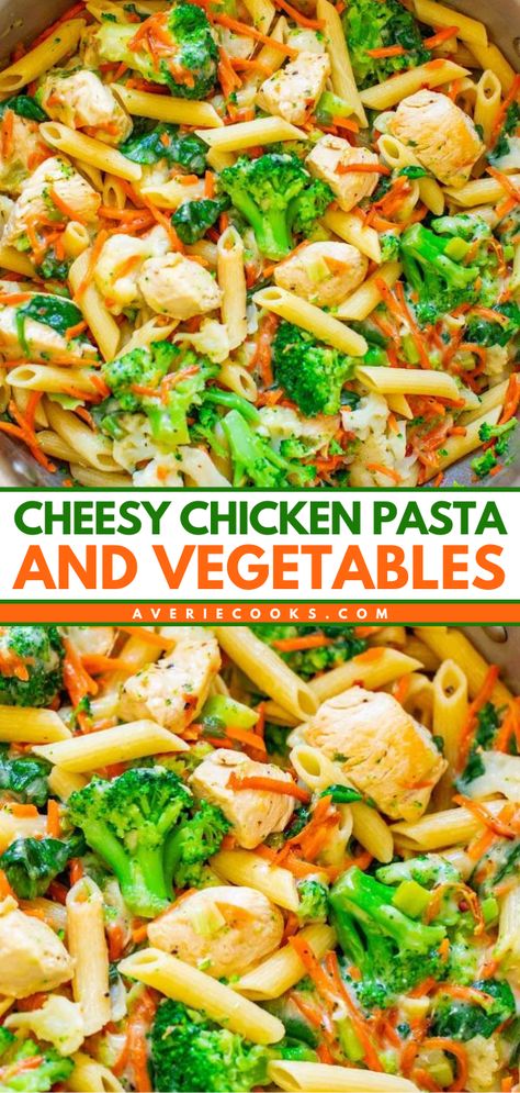 This quick and easy meal is comfort food with a healthier twist! The whole family will love this Cheesy Chicken Pasta and Vegetables. It tastes so good! Save this chicken veggie pasta recipe for a simple dinner under 30 minutes! Birds Eye Veggie Pasta Recipes, Chicken Pasta Veggies Recipe, Chicken Veggie Pasta Bake, Chicken Breast Recipes With Vegetables, Healthy Clean Dinner Recipes, Veggie Filled Pasta, Pasta And Vegetable Recipes, Chicken And Veggies Recipes, Healthy Clean Dinner