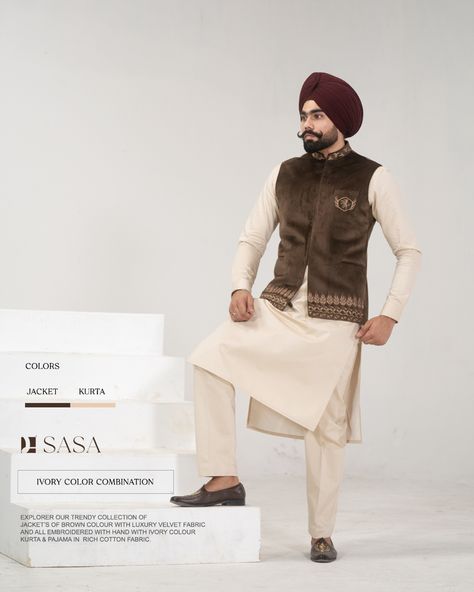 Explorer our trendy collection of jacket’s of brown colour with luxury velvet fabric and all embroidered with hand with Ivory colour kurta & pajama in rich cotton fabric. By SASA Panjabi Kurta Pajama For Man, Kurta Pajama Men With Jacket, Kurta Pajama Men Punjabi, Kurta Designs Men's, Pajama Men, Jodhpuri Suits, Indian Groom Dress, Man Dress Design, Jodhpuri Suits For Men