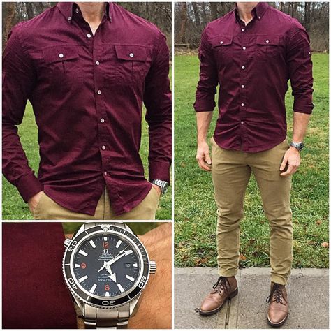 The #1 place on Instagram for casual men's fashion! My goal is to show you how easy it is to upgrade your daily style. 👕👖👞 Burgundy Shirt Outfit Men, Shirt Outfit Men Formal, Burgundy Shirt Outfit, Tan Chinos, Shirt Outfit Men, Beige Chinos, Burgundy Shirt, Formal Men Outfit, Mens Casual Outfits Summer