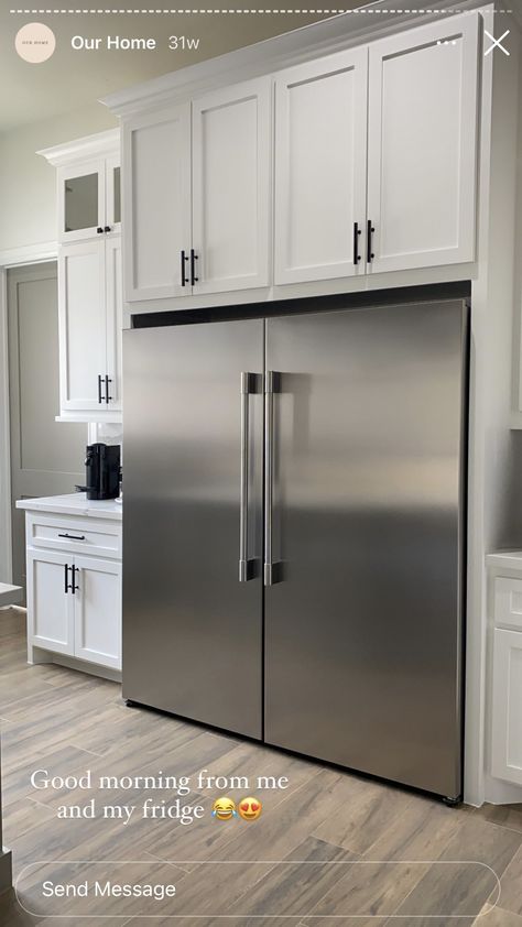 Kitchen Double Fridge, Kitchen With Separate Fridge And Freezer, Oversized Refrigerator In Kitchen, Big Fridge Aesthetic, Kitchen With Big Fridge, Large Fridge In Kitchen, Luxury Fridge, Kitchen Appliances Layout, Double Fridge